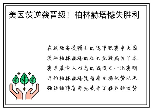 美因茨逆袭晋级！柏林赫塔憾失胜利