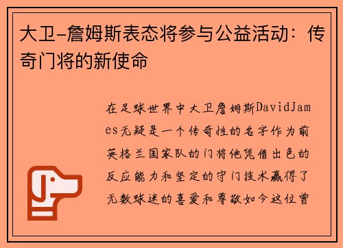 大卫-詹姆斯表态将参与公益活动：传奇门将的新使命