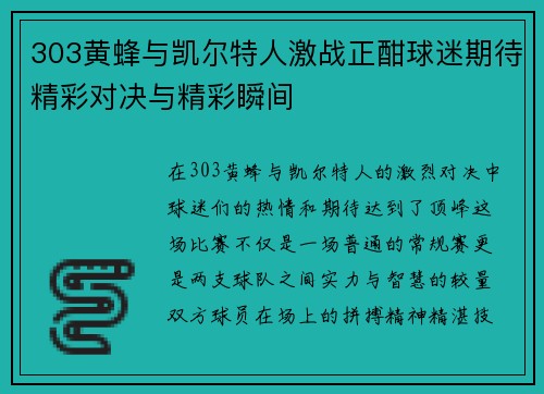303黄蜂与凯尔特人激战正酣球迷期待精彩对决与精彩瞬间