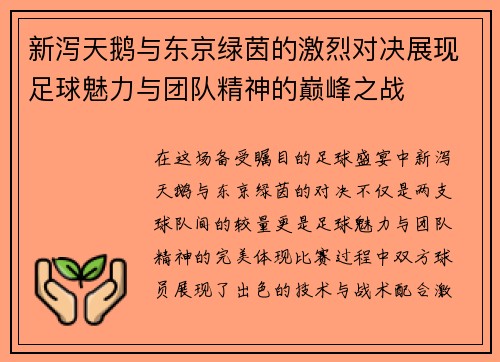 新泻天鹅与东京绿茵的激烈对决展现足球魅力与团队精神的巅峰之战