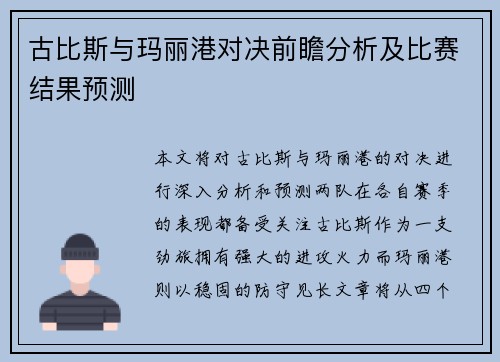 古比斯与玛丽港对决前瞻分析及比赛结果预测