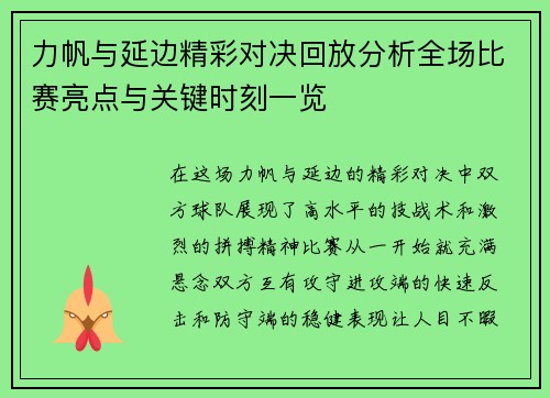 力帆与延边精彩对决回放分析全场比赛亮点与关键时刻一览