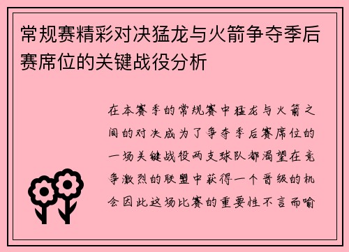 常规赛精彩对决猛龙与火箭争夺季后赛席位的关键战役分析