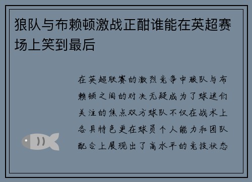 狼队与布赖顿激战正酣谁能在英超赛场上笑到最后