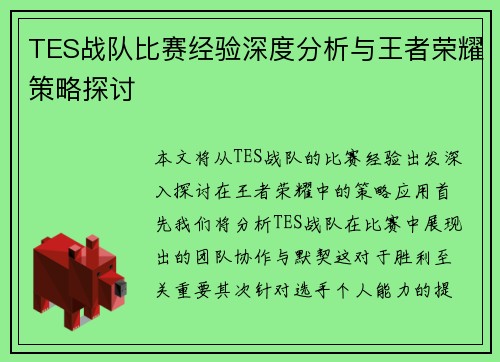 TES战队比赛经验深度分析与王者荣耀策略探讨