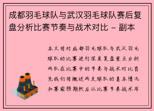成都羽毛球队与武汉羽毛球队赛后复盘分析比赛节奏与战术对比 - 副本