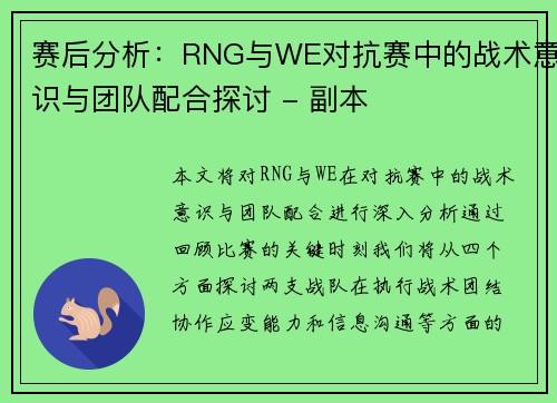 赛后分析：RNG与WE对抗赛中的战术意识与团队配合探讨 - 副本