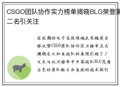 CSGO团队协作实力榜单揭晓BLG荣登第二名引关注