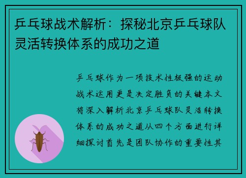 乒乓球战术解析：探秘北京乒乓球队灵活转换体系的成功之道