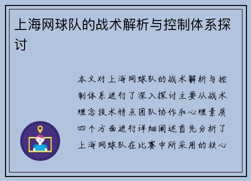 上海网球队的战术解析与控制体系探讨