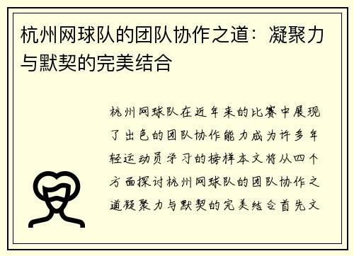 杭州网球队的团队协作之道：凝聚力与默契的完美结合