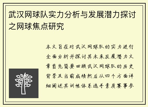 武汉网球队实力分析与发展潜力探讨之网球焦点研究